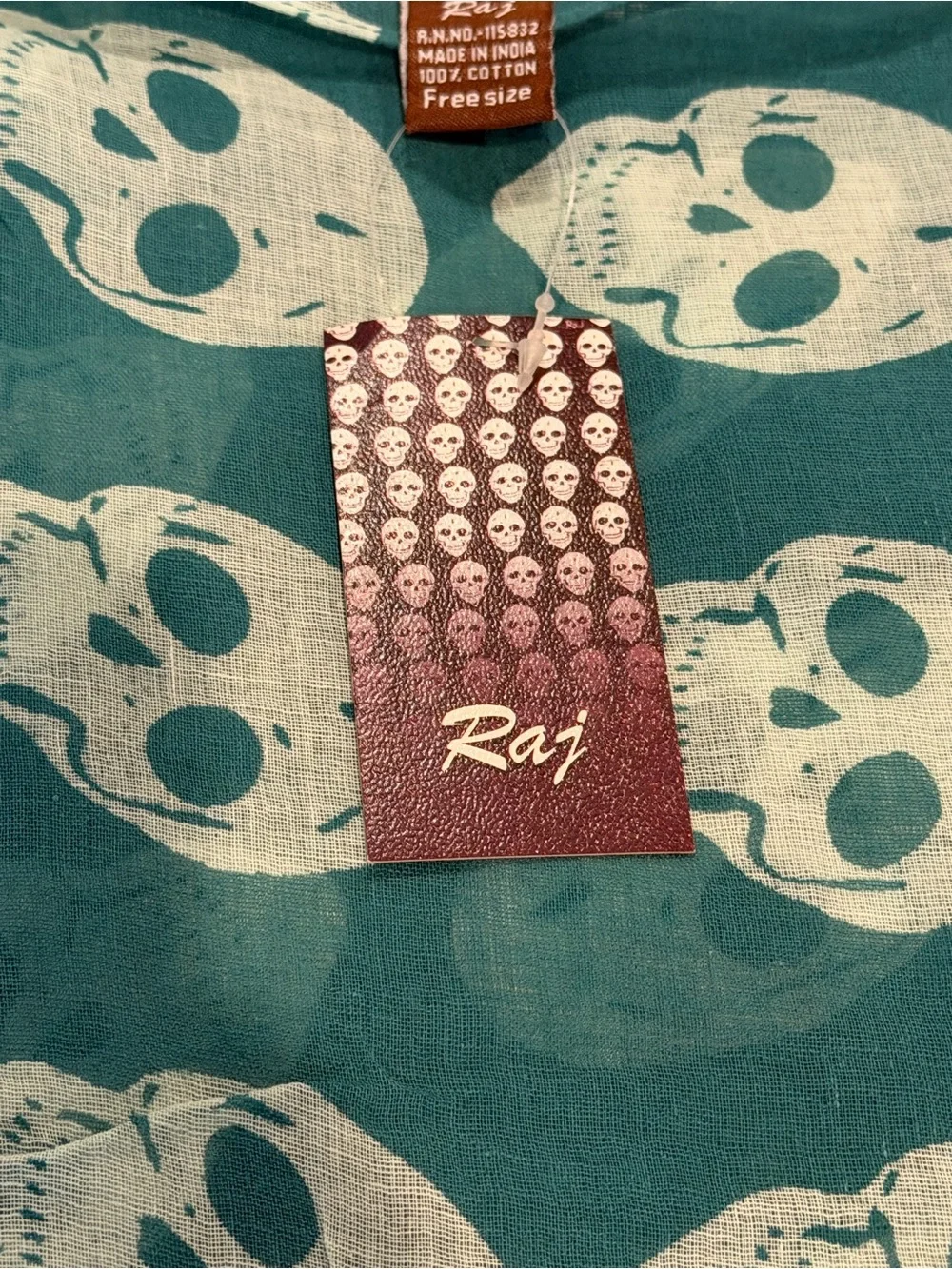 Raj Teal Skull Print Cotton Scarf Oversized Lightweight Halloween NWT